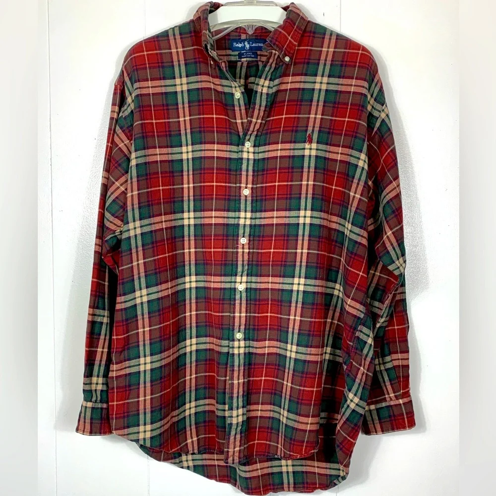 Ralph Lauren Blake 100% Cotton Red Green Plaid Shirt Button Down - Large - Picture 1 of 6